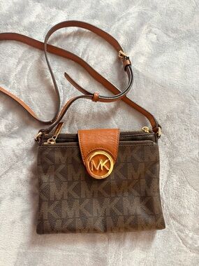 Michael Kors Brown and Tan Logo Crossbody with Gold MK Medallion